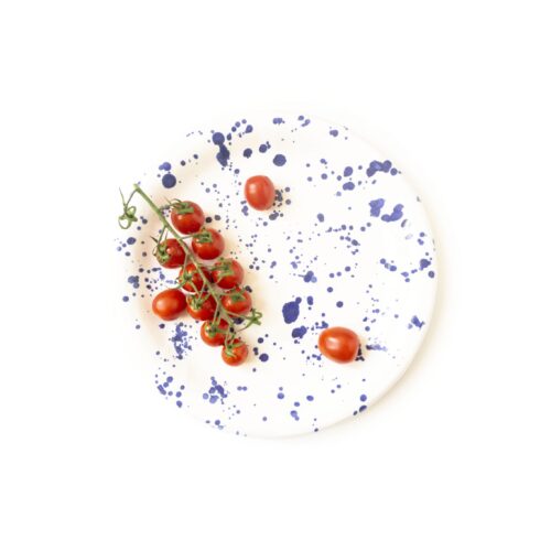 Kamionkowy talerz obiadowy, duży, płaski, ręcznie robiony, zdobiony kobaltem