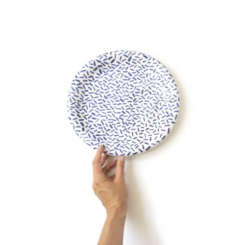 Kamionkowy talerz obiadowy, duży, płaski, ręcznie robiony, zdobiony kobaltem