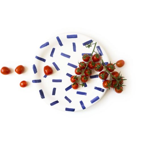 Kamionkowy talerz obiadowy, duży, płaski, ręcznie robiony, zdobiony kobaltem