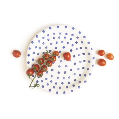 Kamionkowy talerz obiadowy, duży, płaski, ręcznie robiony, zdobiony kobaltem