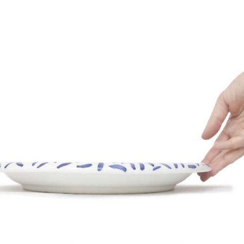 Kamionkowy talerz obiadowy, duży, płaski, ręcznie robiony, zdobiony kobaltem