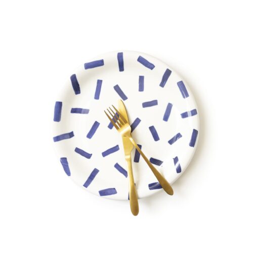 Kamionkowy talerz obiadowy, duży, płaski, ręcznie robiony, zdobiony kobaltem